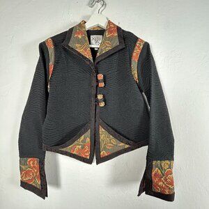 XIAO Womens Textured Black Patchwork Floral Jacket Small Toggle Button Art Wear